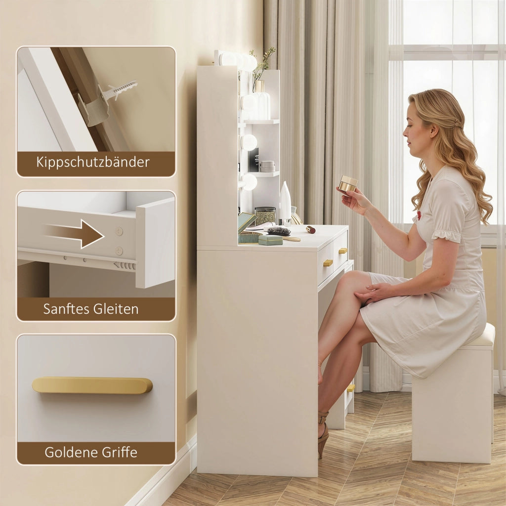 Cassettiera per trucco con specchio illuminato e sgabello imbottito ¨C zephmum ¨C bianco