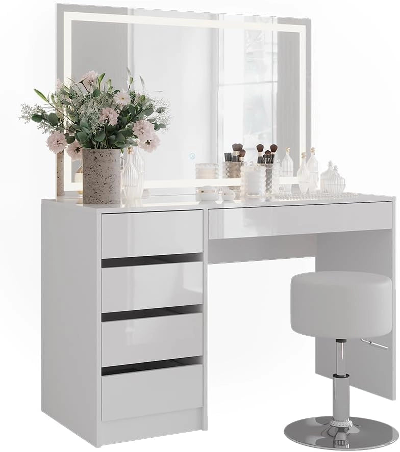 Tavolo da toeletta Sherry, Bianco/bianco lucido, 119.8 cm con specchio LED e sgabello