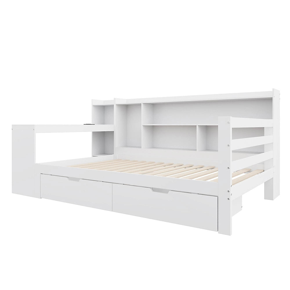 Divano letto-Xylo-90x200 cm-libreria, 2 contenitori, presa, legno bianco