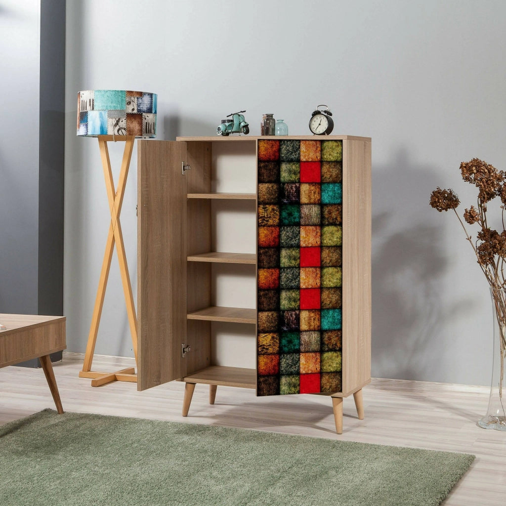 Credenza Andalusite, Buffet da soggiorno, Madia da salotto, Dispensa da cucina, 80x36h127 cm, Quercia e Multicolore