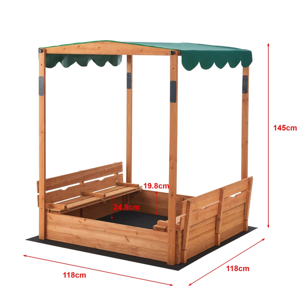 Sabbiera quadrata in legno con panche pieghevoli e tetto regolabile 145 x 118 x 118 cm 03_0006395