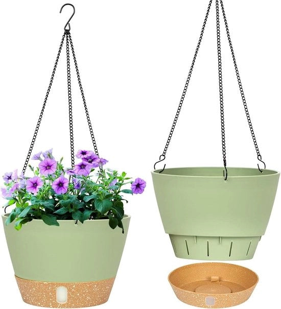 Set di 2 Piantoni da Appendere 20cm per Interno e Esterno Pianta da Appendere con Porta Scarpe e Foro di Scarico - Verde: Include 3 Ganci