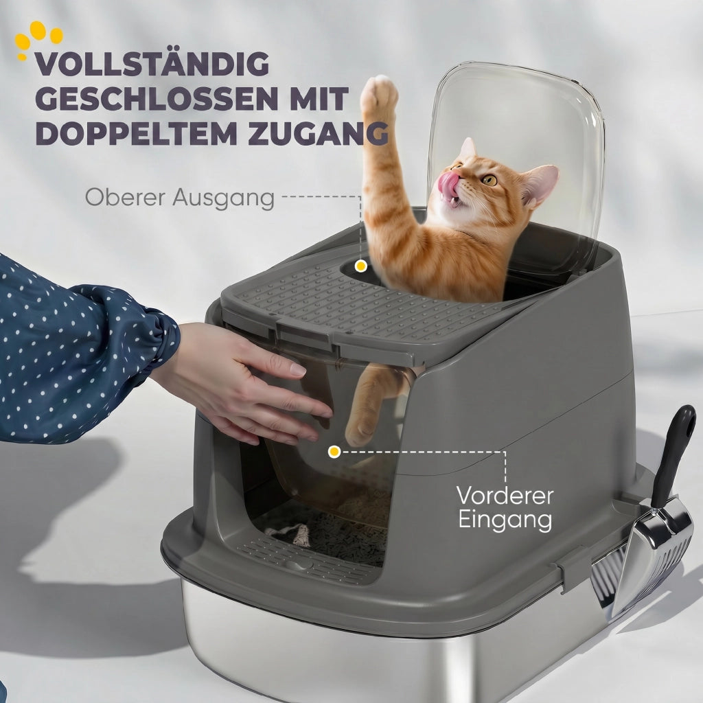 Lettiera per Gatti Chiusa in Acciaio Inox ¨C Xylo ¨C con Paletta Metallica e Sacchetti Deodoranti, Grigio Scuro