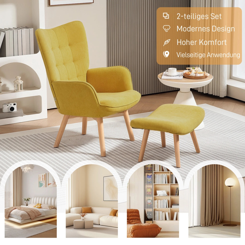 Poltrona Relax con Poggiapiedi in Tessuto e Gambe in Legno ¨C Zephmum ¨C Arancione