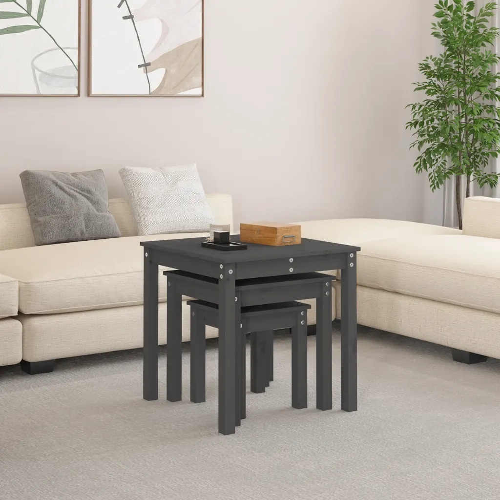 Tavolini a Incastro 3 pz Grigio in Legno Massello di Pino cod mxl 16676