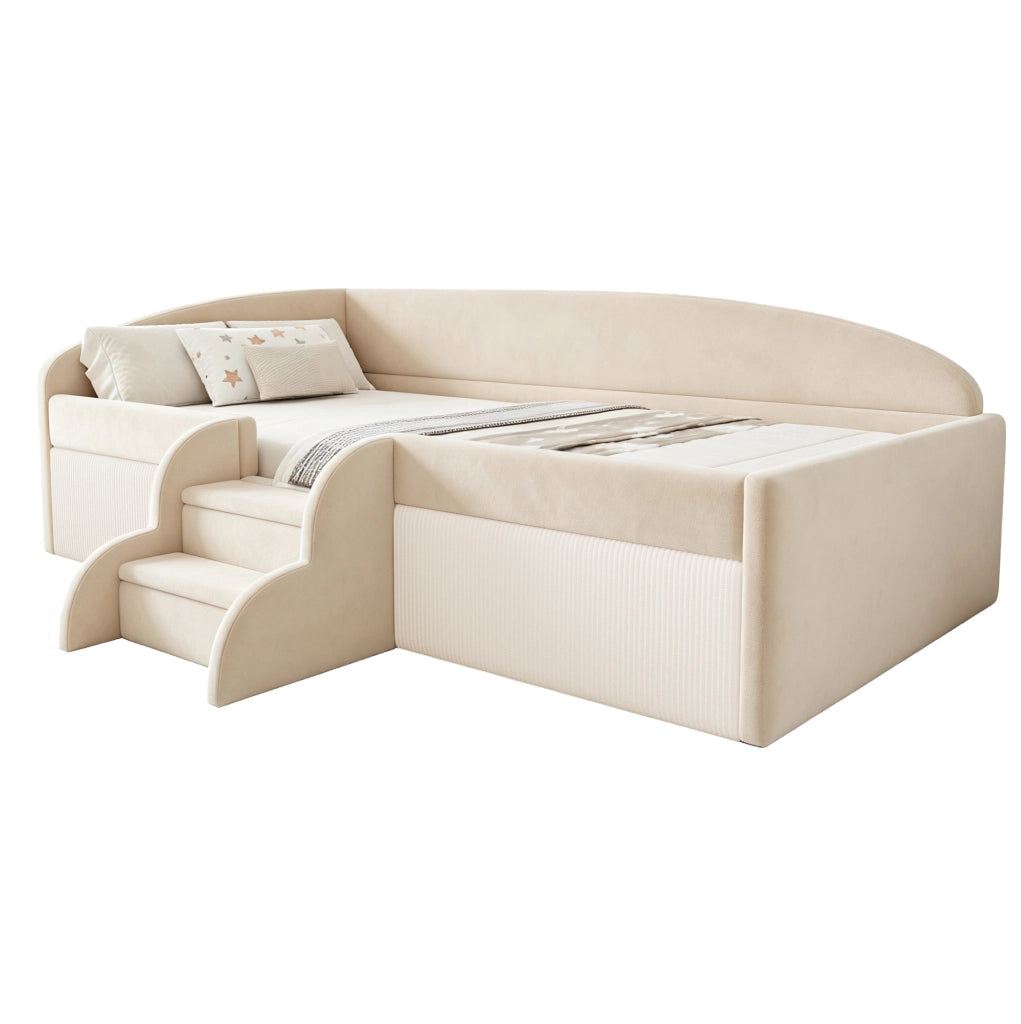 Letto imbottito bambini 90x190 cm con gradini e sponde in velluto beige