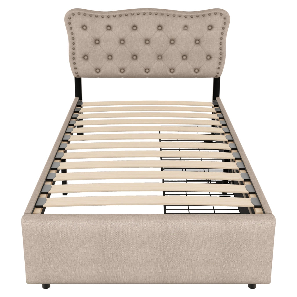 Letto con cassetti singolo; 2 cassetti e testiera regolabile 90 × 200 cm; senza materasso; beige marrone