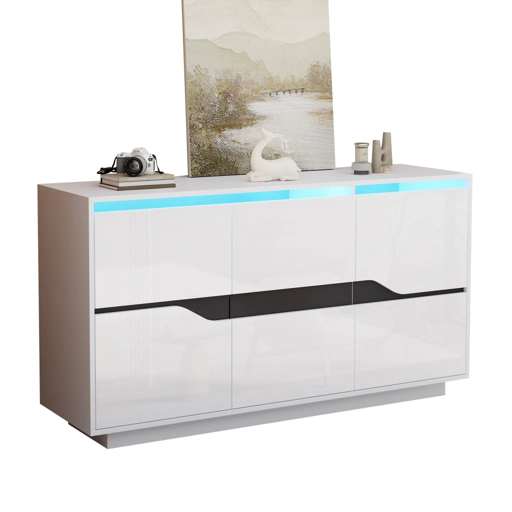 Credenza con 3 ante; ripiani regolabili e LED - per soggiorno - 140×40×70 cm - bianco e nero