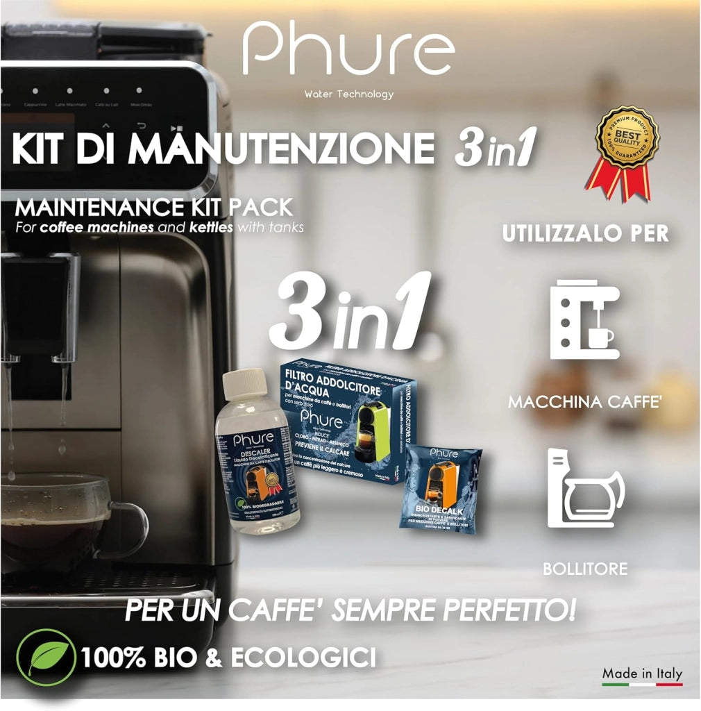 PHURE Decalcificante per Macchine da Caffè e Bollitori, Sgrassa, Elimina e Previene il Calcare, Filtro Impurità Acqua Kit Manutenzione 3 in 1 100% Bio ed Ecologici