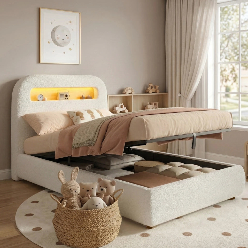 Letto singolo per bambini 90x200 cm con contenitore idraulico; LED; bouclé bianco