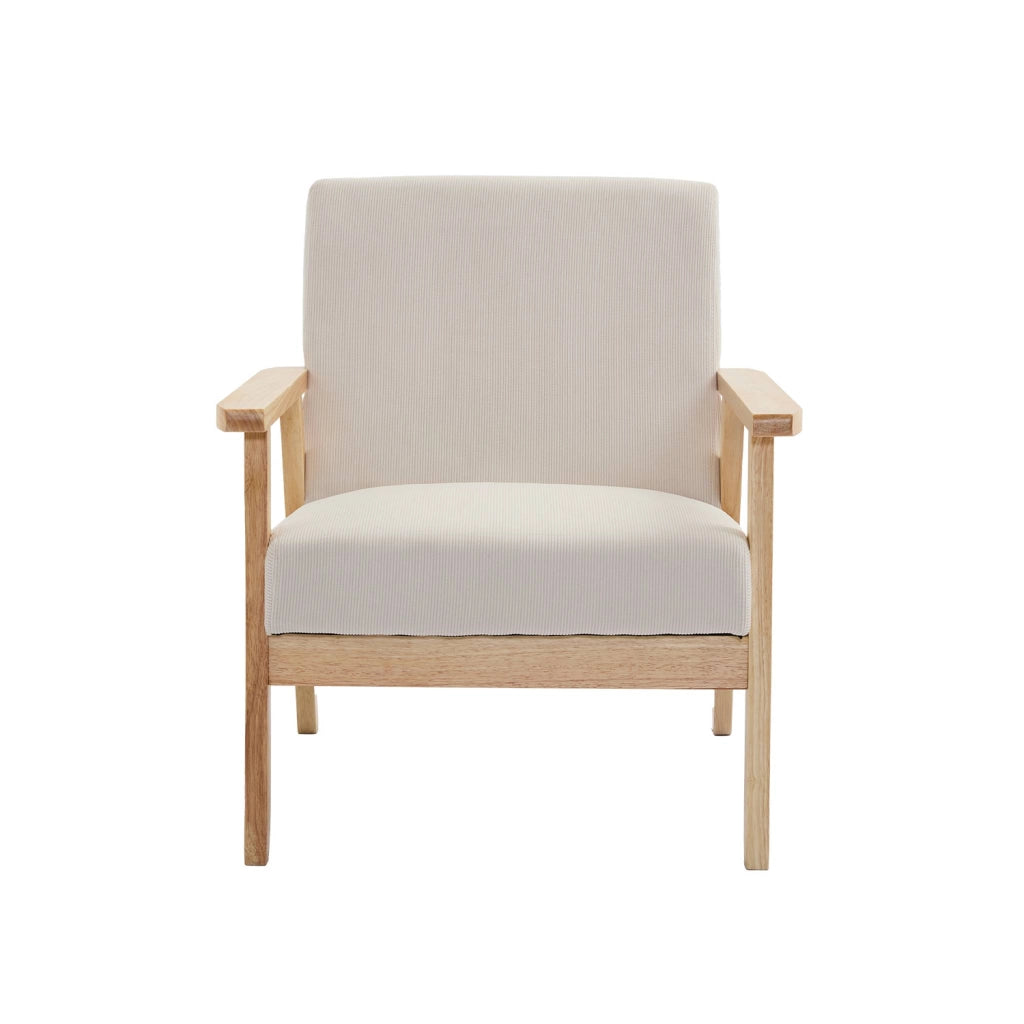 Poltrona scandinava in legno e velluto a coste, crema