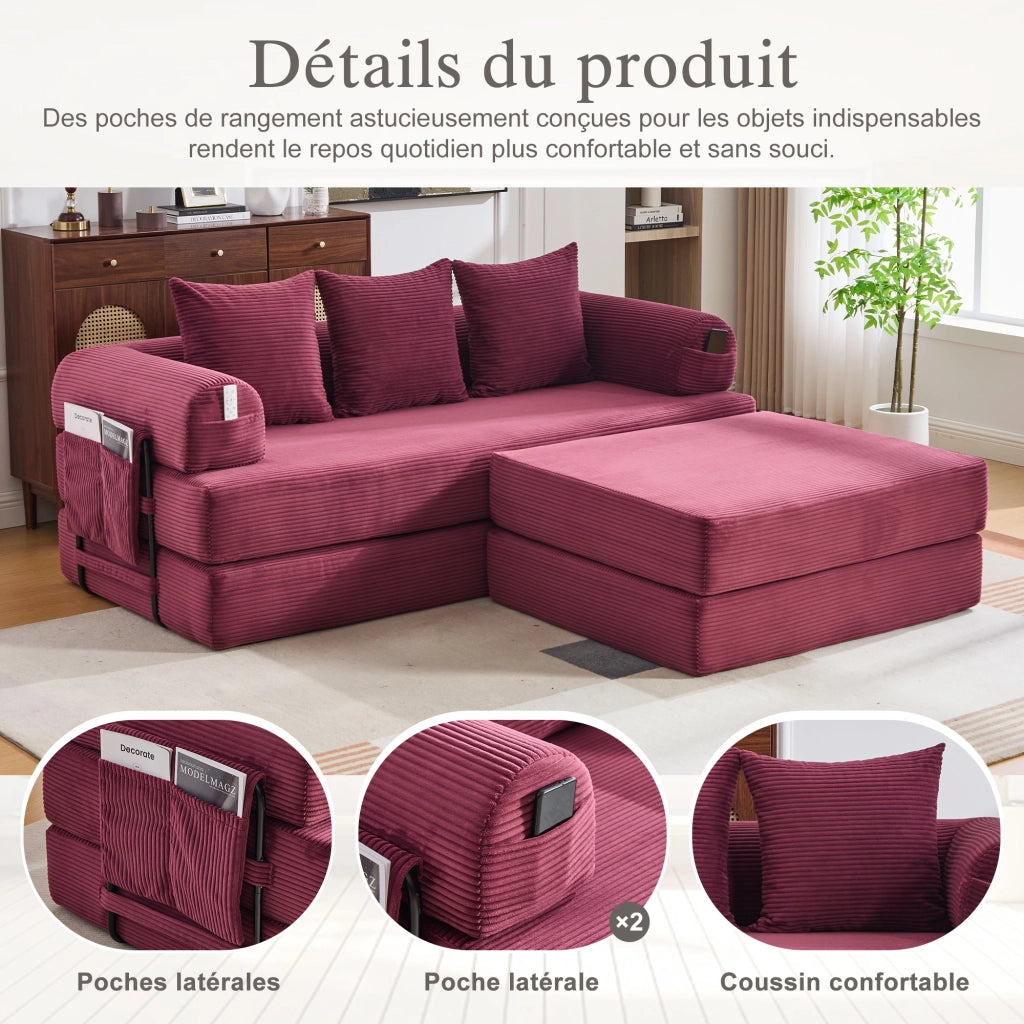 Divano modulare con pouf componibile tasca laterale e 3 cuscini struttura in metallo velluto a coste bordeaux