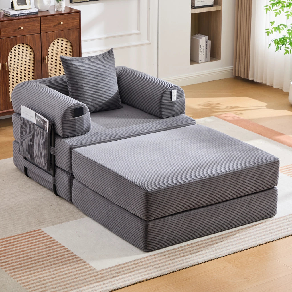 DIVANO modulare 112x190x67 cm in corduroy grigio scuro con pouf e cuscino
