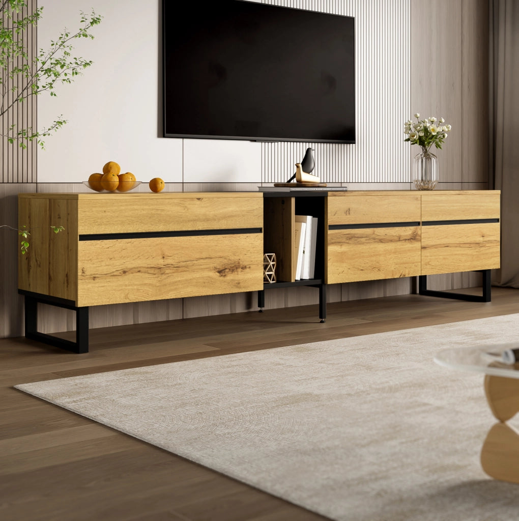 Mobile TV 180x38x45 cm con vano a ribalta; scomparti aperti e ante; in truciolato; naturale