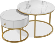 Set di tavolini Madrid, Marmo bianco, 70 x 70 cm, tavolino con cassetto, utilizzabile come tavolino d'appoggio per spazio aggiuntivo