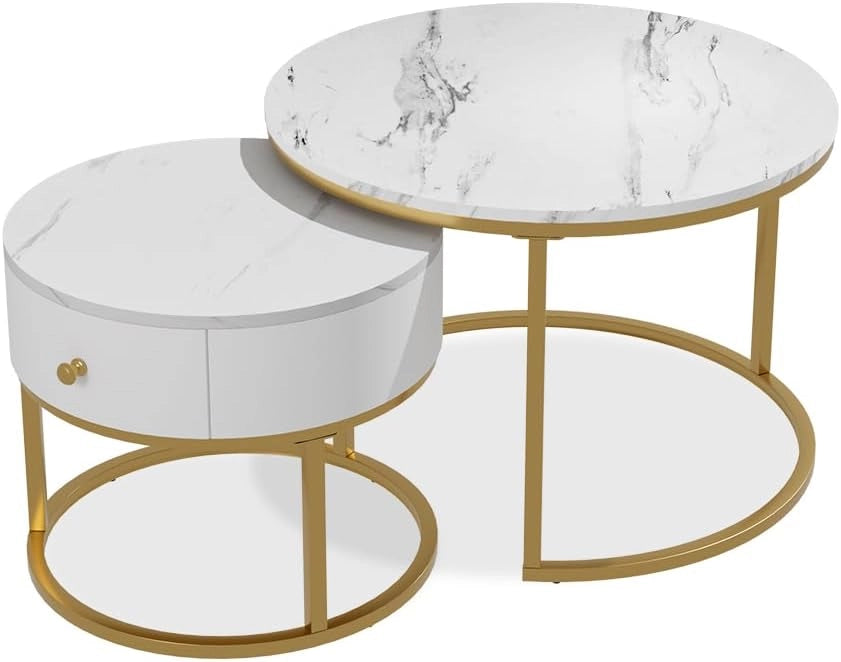 Set di tavolini Madrid, Marmo bianco, 70 x 70 cm, tavolino con cassetto, utilizzabile come tavolino d'appoggio per spazio aggiuntivo