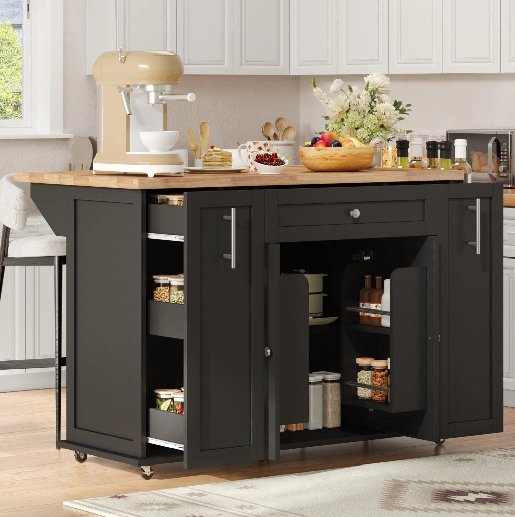 Isola cucina con piano ribaltabile 120x45(70)x87 cm in MDF nero e naturale