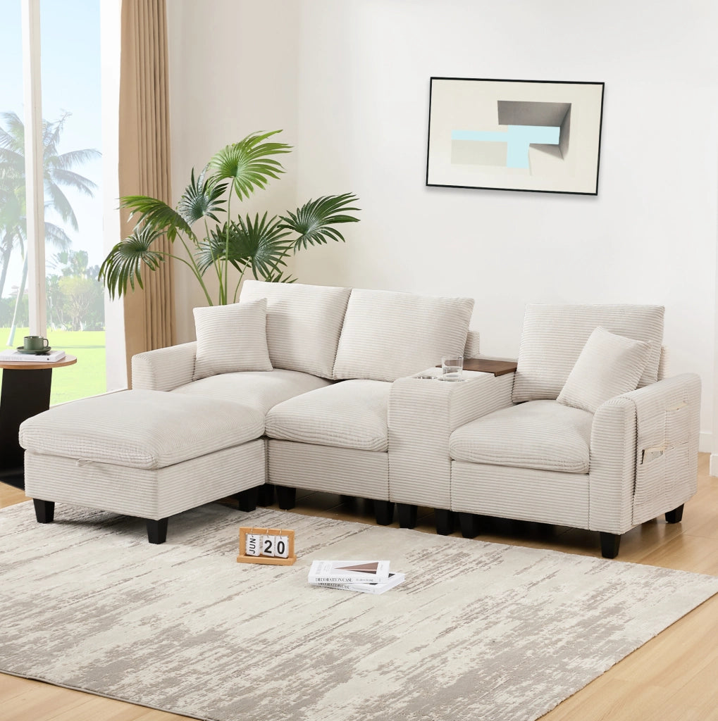 Divano angolare modulare a 4 posti in velluto a coste beige con contenitore e ricarica integrata