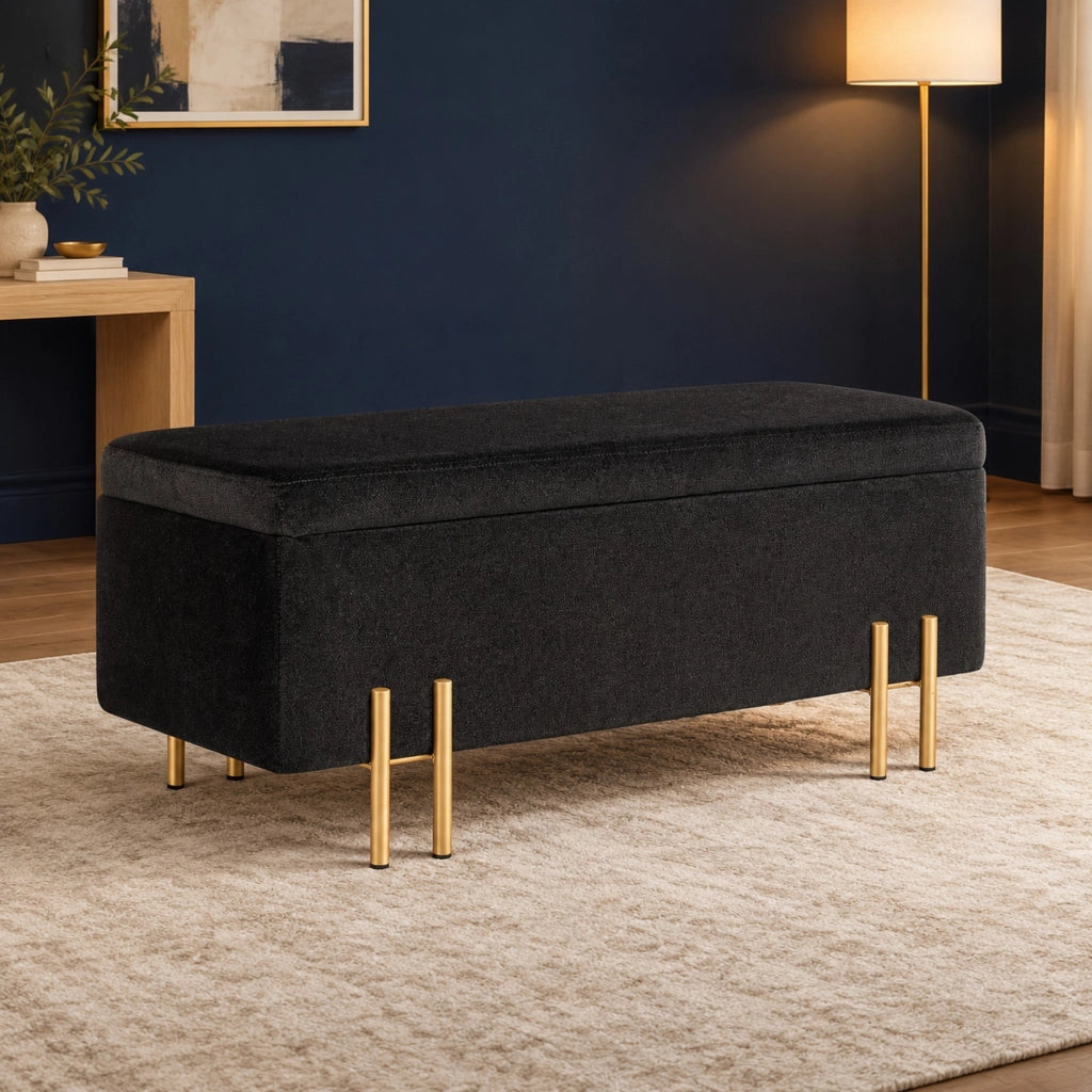 Panca contenitore 100x40x42 cm nera in tessuto e metallo per ingresso