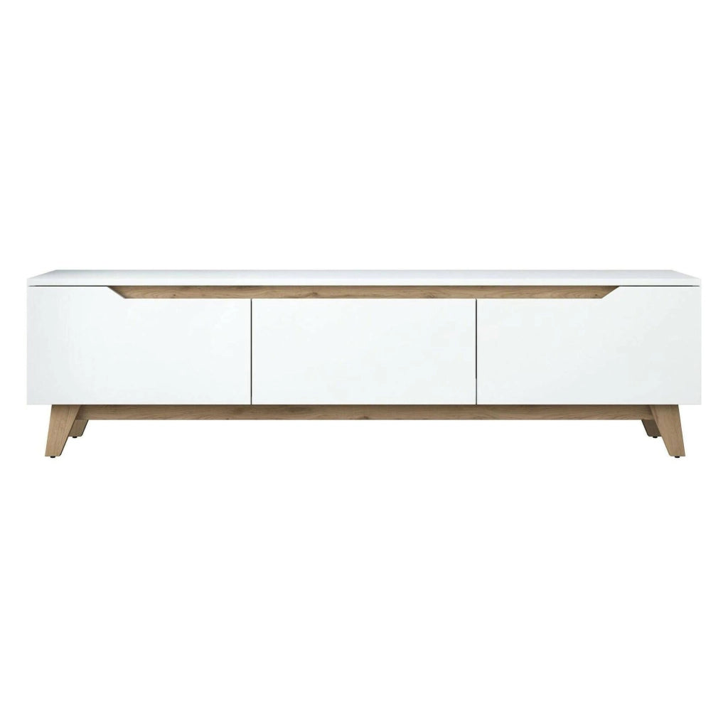 Mobile porta TV Apatite, Credenza da soggiorno, Armadio basso per TV, Base parete attrezzata, 180x35h49 cm, Bianco e Rovere