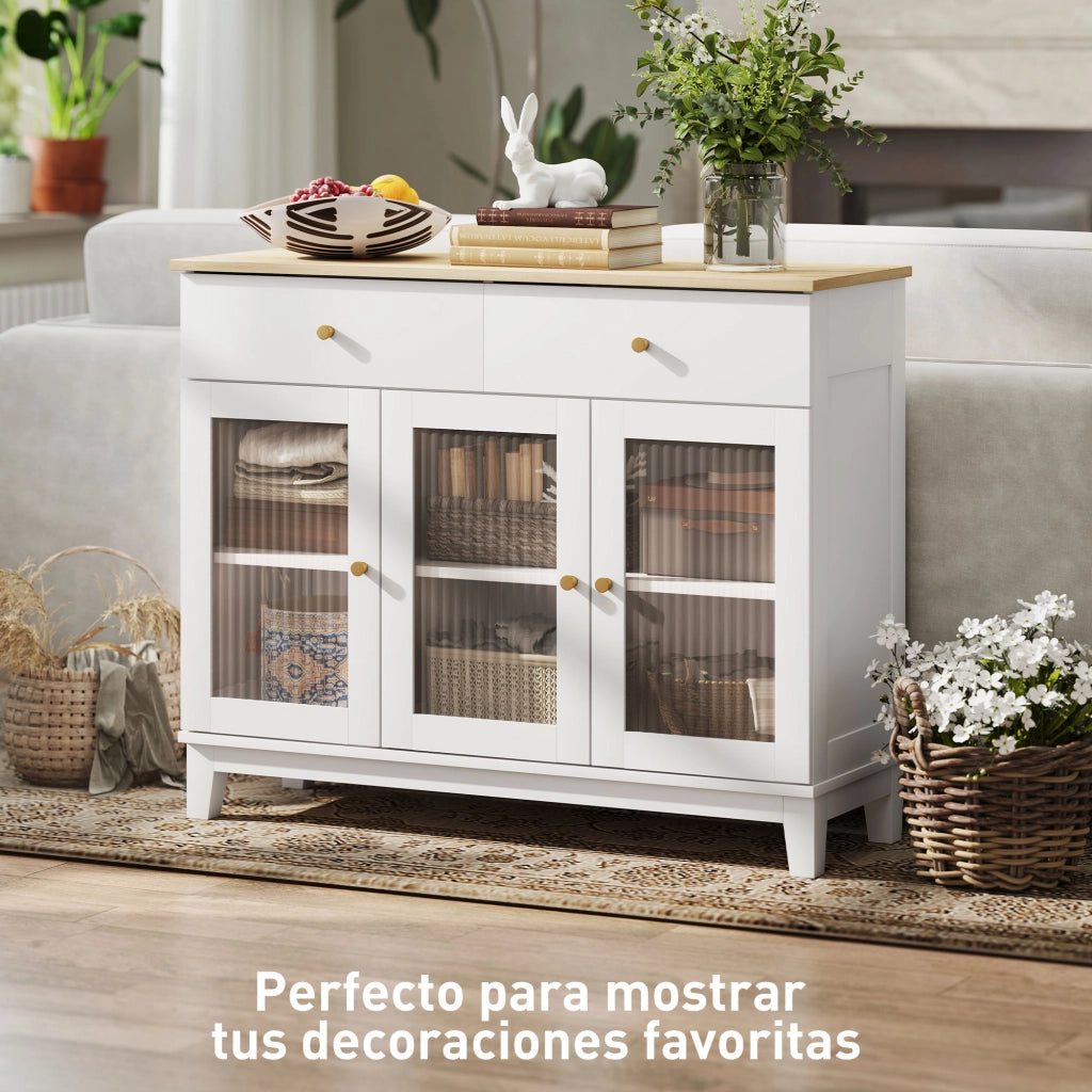 Credenza con 3 ante vetrate 2 cassetti e ripiani regolabili ¨C zephmum ¨C 100x35x80 cm bianco