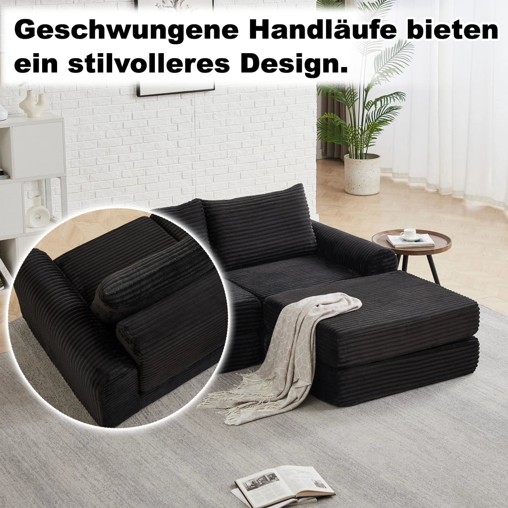 Divano letto modulare con pouf rimovibile e braccioli curvi, configurazione flessibile in velluto a coste nero