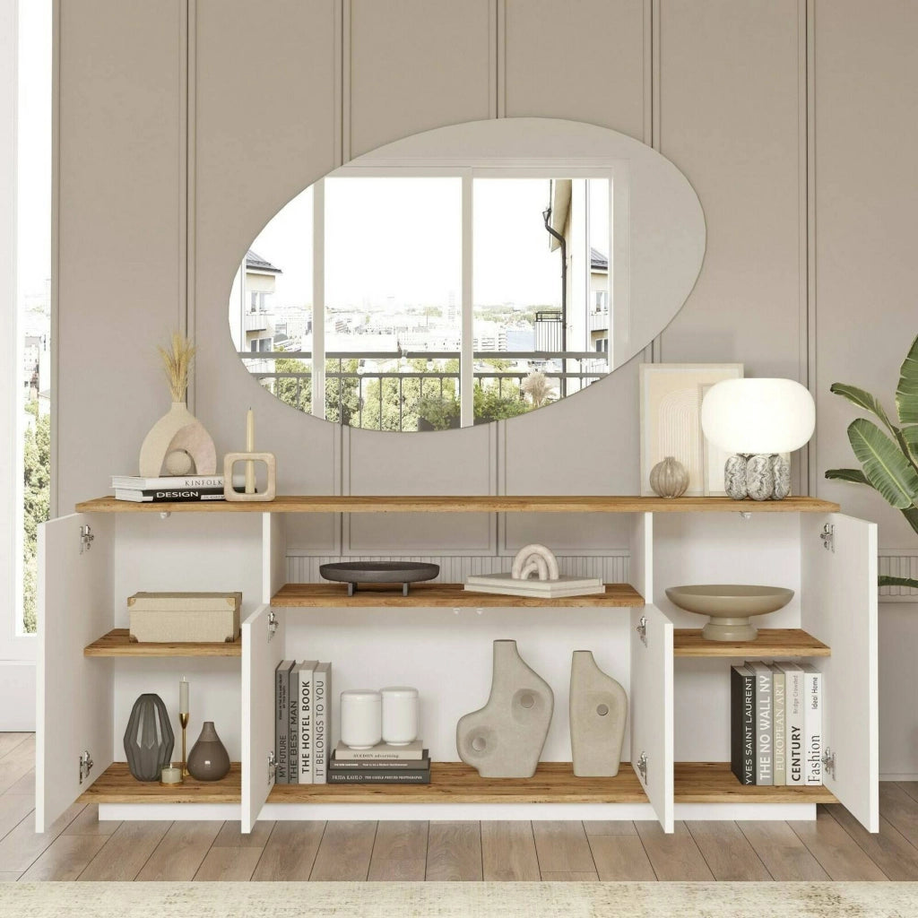 Credenza Aziz, Buffet da soggiorno, Madia da salotto, Dispensa da cucina, 180x45h75 cm, Quercia e Bianco