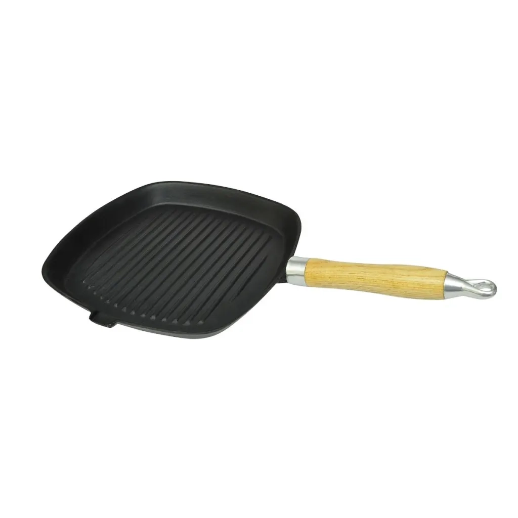 Padella Tegame Griglia in Ghisa con Manico in Legno 20x20 cm 50125