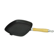 Padella Tegame Griglia in Ghisa con Manico in Legno 20x20 cm 50125