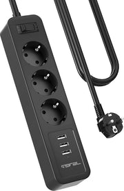 Scatola di alimentazione Multipla Scatola di alimentazione USB con distributore di prese 3-voltata con 3 ingressi di ricarica USB - Installazione a parete - 3 m di cavo - Nero