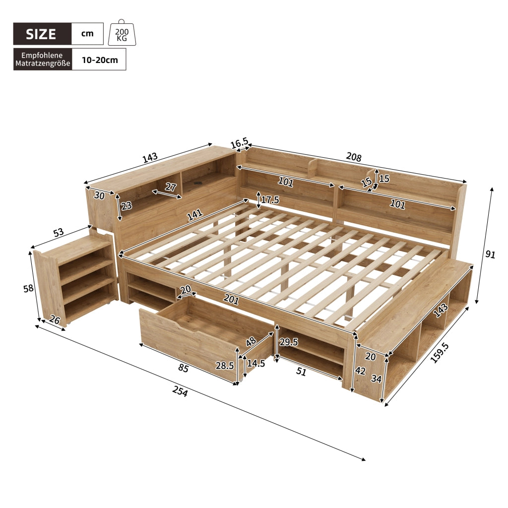 Letto singolo 140x200 cm con contenitore, cassetti e scaffali, colore naturale