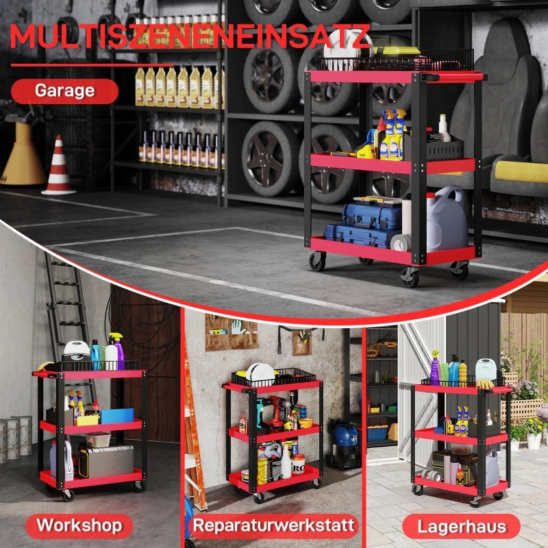 Carrello portautensili a 3 livelli in metallo rosso, 120 kg, con ruote e maniglia