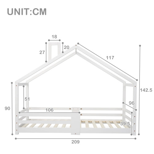 Letto a Casetta per Bambini con Doghe e Protezione ¨C MINIMAL ¨C Pino Bianco 90x200