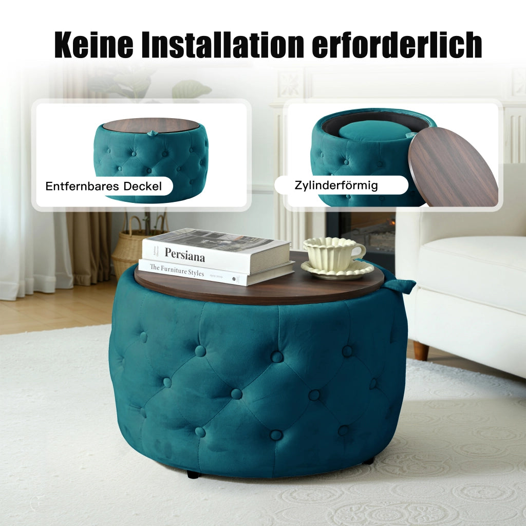 Pouf contenitore in velluto con vano portaoggetti e vassoio in legno blu 58 × 58 × 38 cm