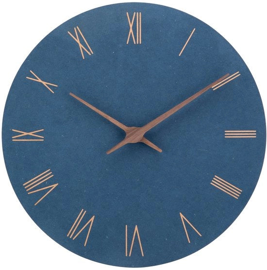 Orologio a Parete in MDF, Stile Moderne, 30cm, Silenzioso, alimentato da Batteria, con Numeri Romani e Lettere, Facile da Leggere per Camera, Casa, Cucina, Camera da Letto, Ufficio, Scuola (Blu + Numeri Romani)