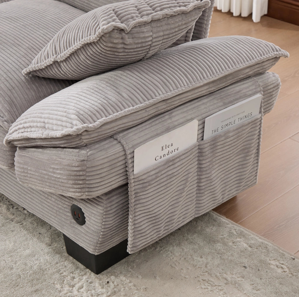 Divano 2 posti con pouf in corduroy 190 cm; con USB-C e tasche laterali; grigio chiaro