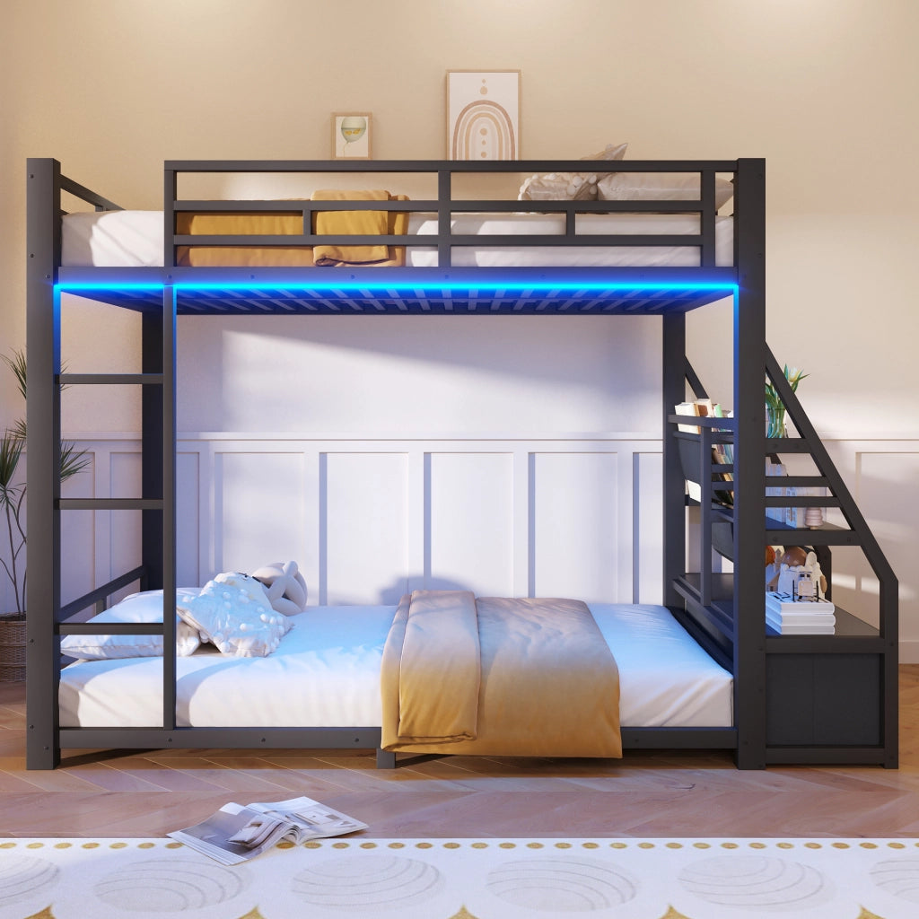 LETTO A CASTELLO 90x200 cm in metallo e legno, nero, con LED e 2 cassetti in tessuto