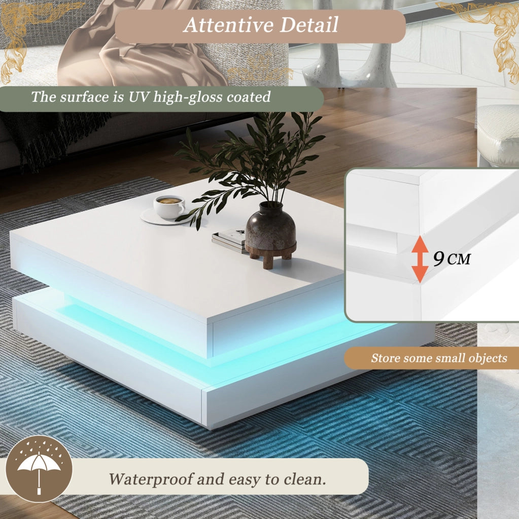 Tavolino da caffè quadrato 70x70x36 cm bianco lucido con LED Bluetooth e USB
