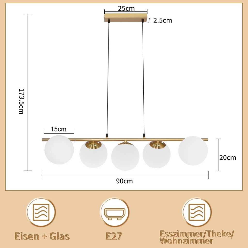 Lampada a sospensione ZMH vetro dorato diametro 90 cm altezza regolabile 150 cm E27 stile moderno