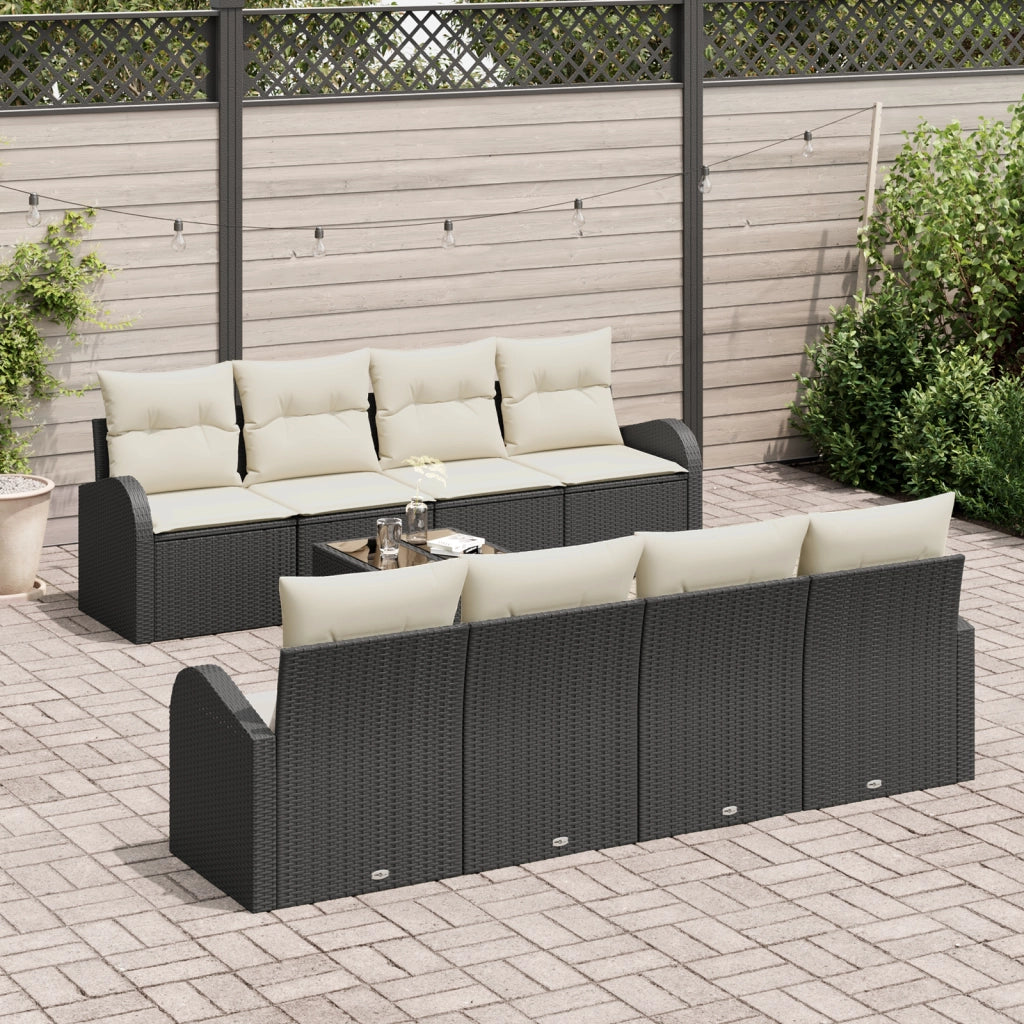 Set di Divani da Giardino 9 Pezzi con Cuscini Nero Polyrattan