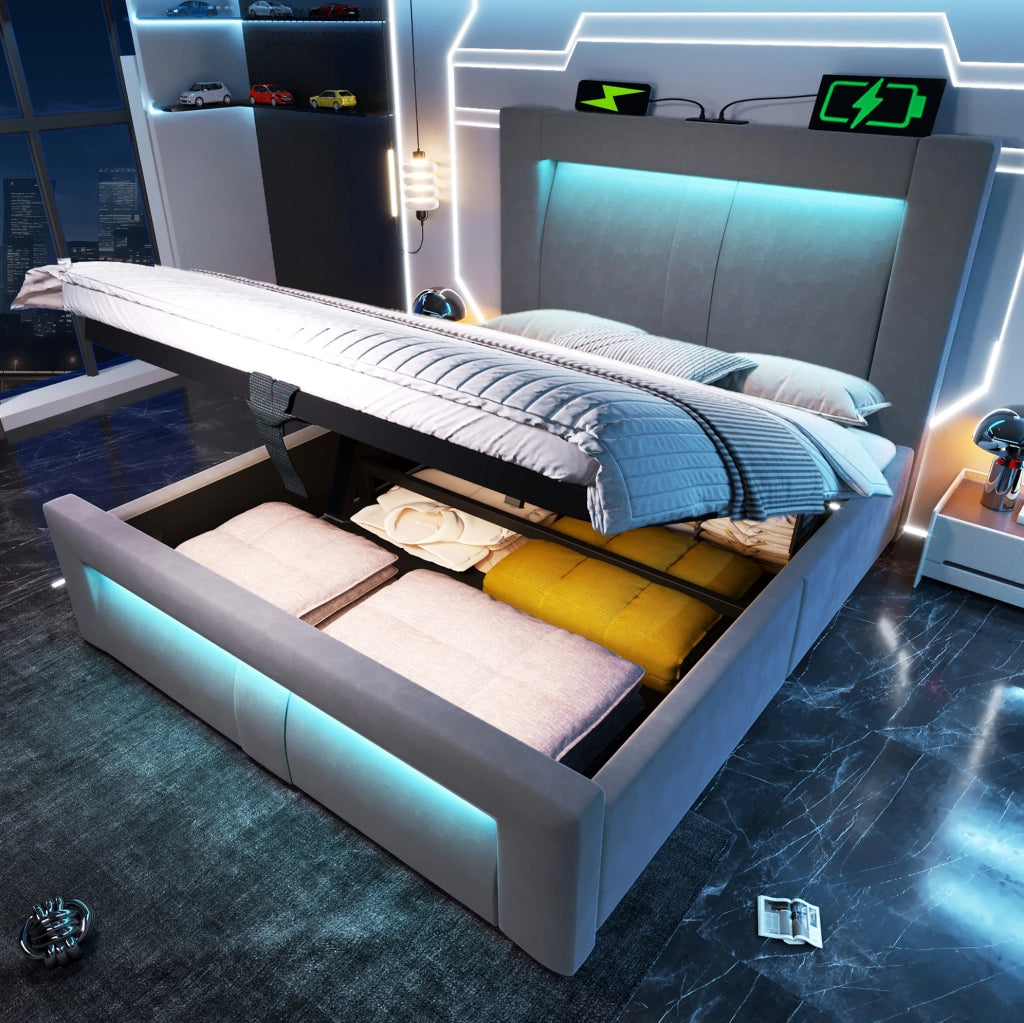 Letto singolo 90x200 cm con contenitore; LED; porte USB e USB C; velluto grigio