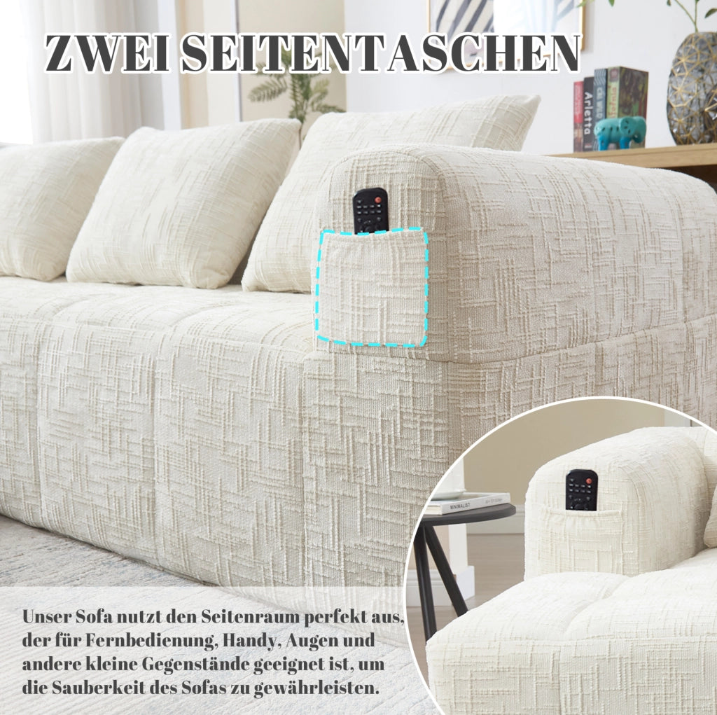 Divano modulare 3 posti in ciniglia beige con chaise longue