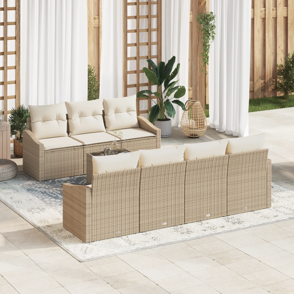 Set da pranzo da giardino 8 pezzi con cuscini beige in rattan