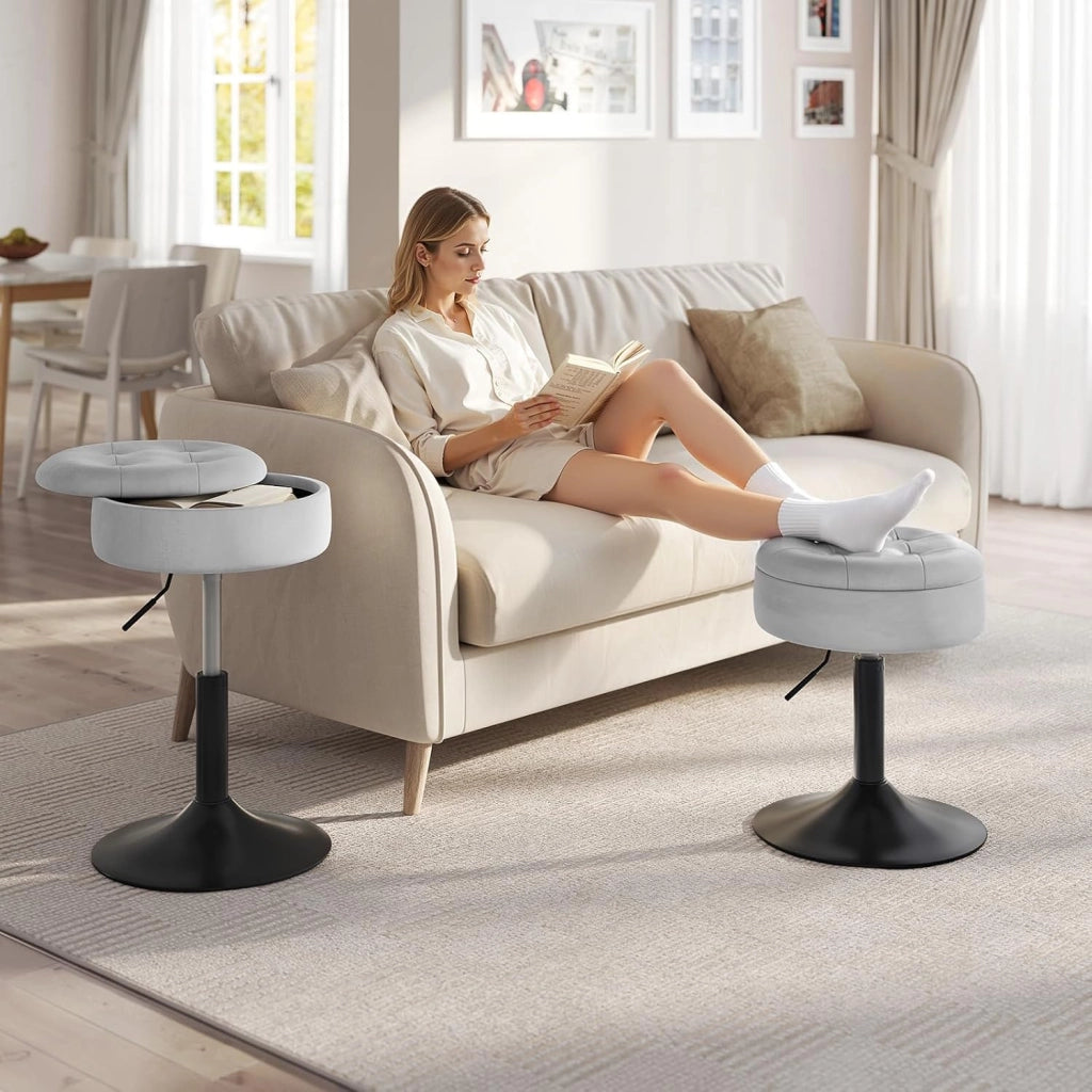 Sgabelli da Trucco Girevoli, Sgabelli Regolabili in Altezza, Sedie da Bar Rotonde con Contenitore, Sedile in Velluto, Base in Metallo, per Cucina, Soggiorno, Grigio Chiaro, BH329hgr-2
