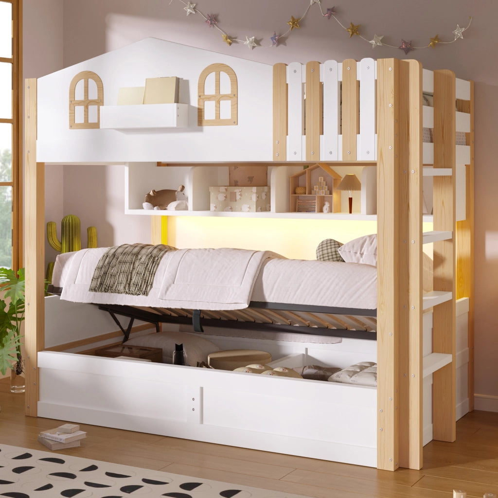 LETTO A CASTELLO 90x200 cm in pino massello e MDF, design casetta, bianco/naturale