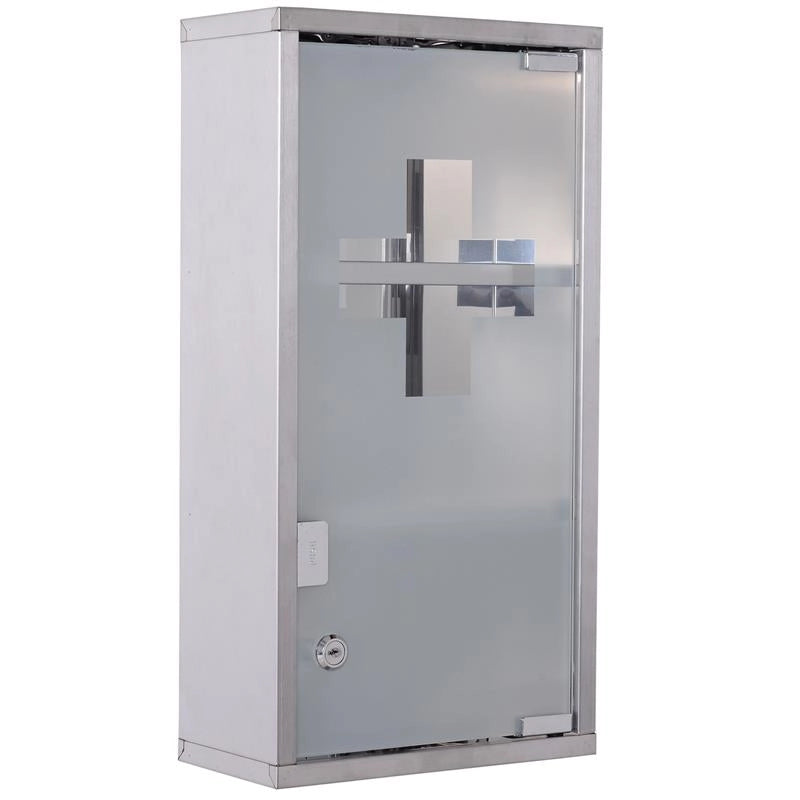 ARMADIETTO PORTA MEDICINALI IN VETRO IN ACCIAIO PORTA E 2 CHIAVI PRONTO SOCCORSO CASSETTA MEDICINE 48X25CM