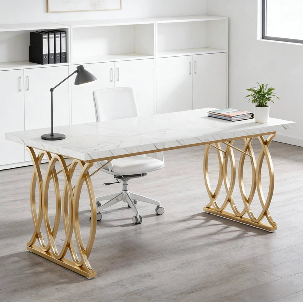 Scrivania per computer 160x80 cm bianco e oro