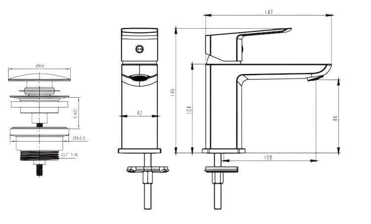 Miscelatore Lavabo Design Minimal Nero Opaco con Piletta Click Clack in Ottone 1”1/4 – Cartuccia Ø35 mm