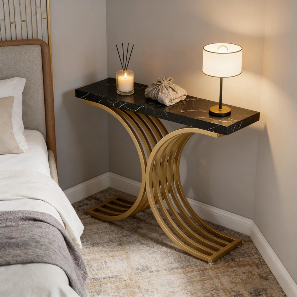 Consolle elegante in marmo e metallo con piano rettangolare per ingresso e soggiorno nero e oro 100 × 30 × 80 cm
