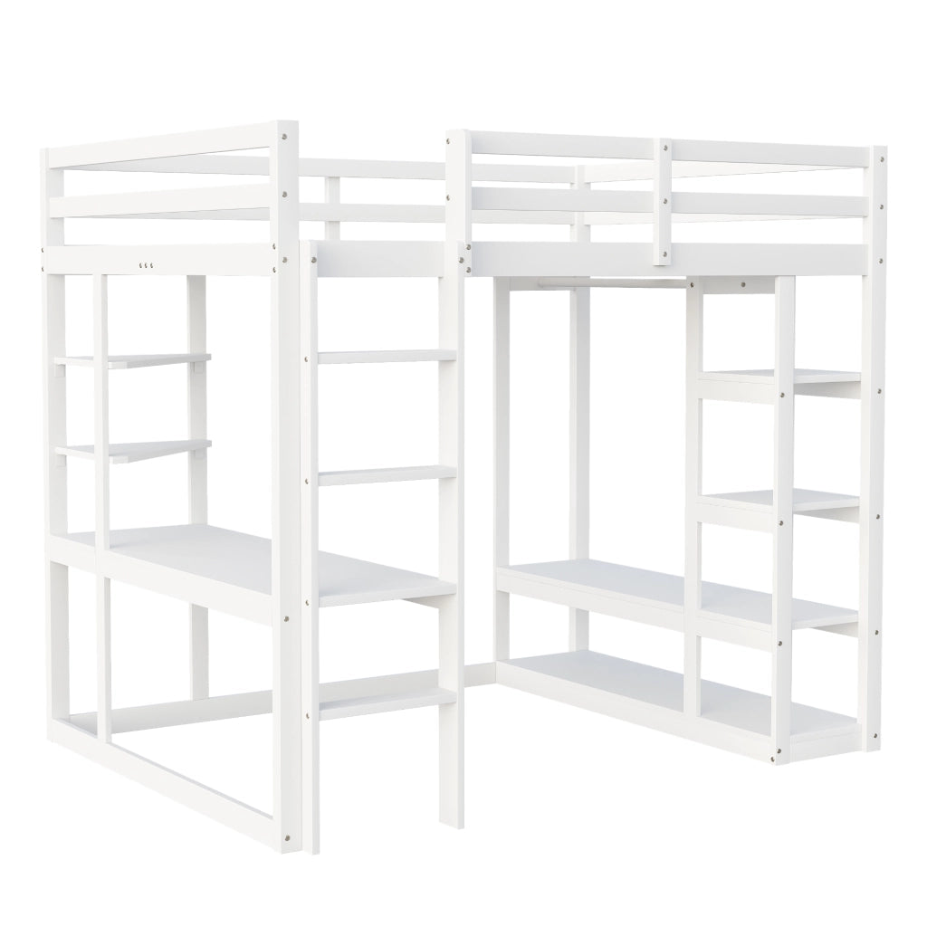 OKWISH Letto a soppalco 140×200 cm, Letto Matrimoniale con Scrivania, Mensole e Appendiabiti, senza Materasso, in Legno, Bianco